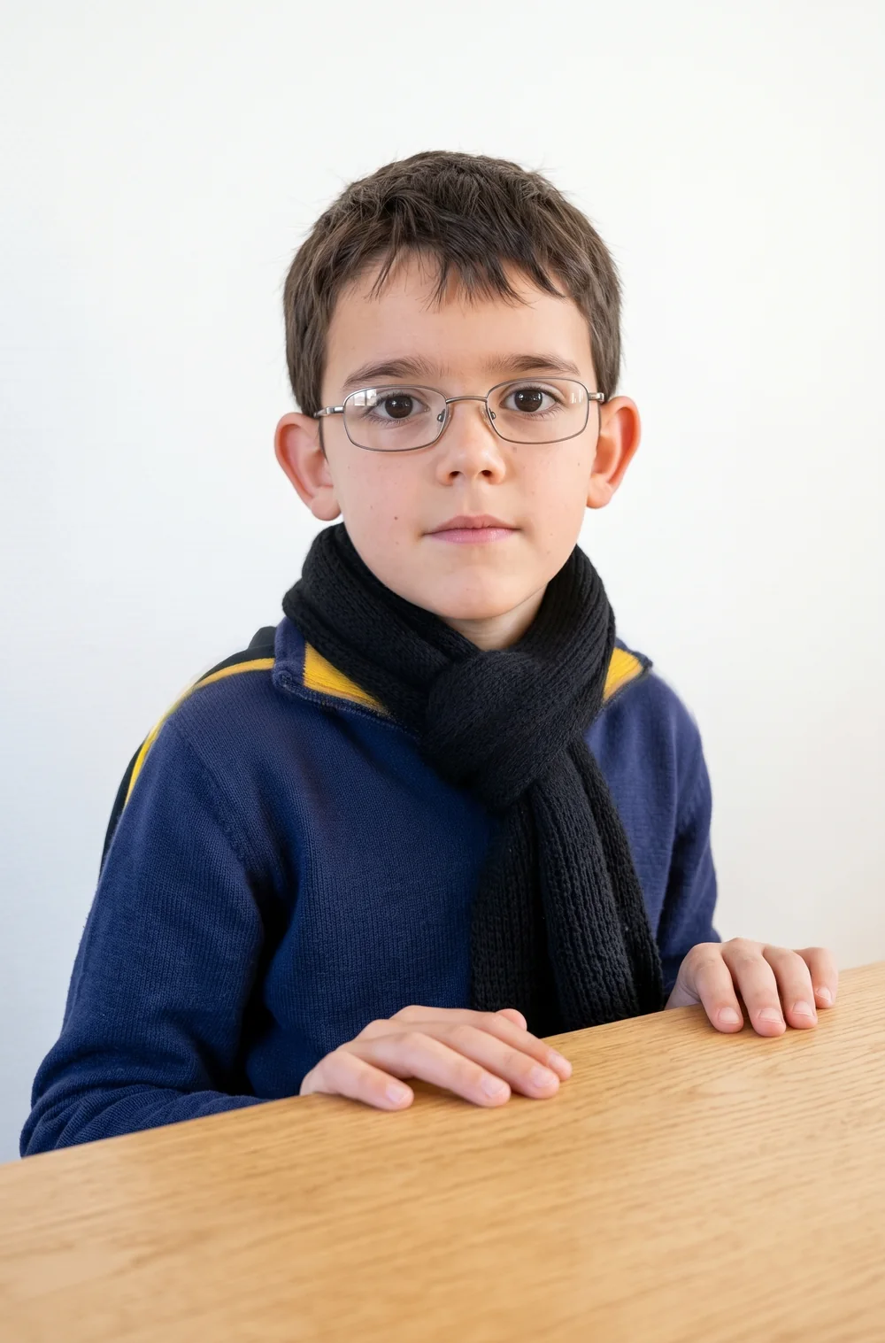Alexis enfant, avec des lunettes et une écharpe noire, assis à une table